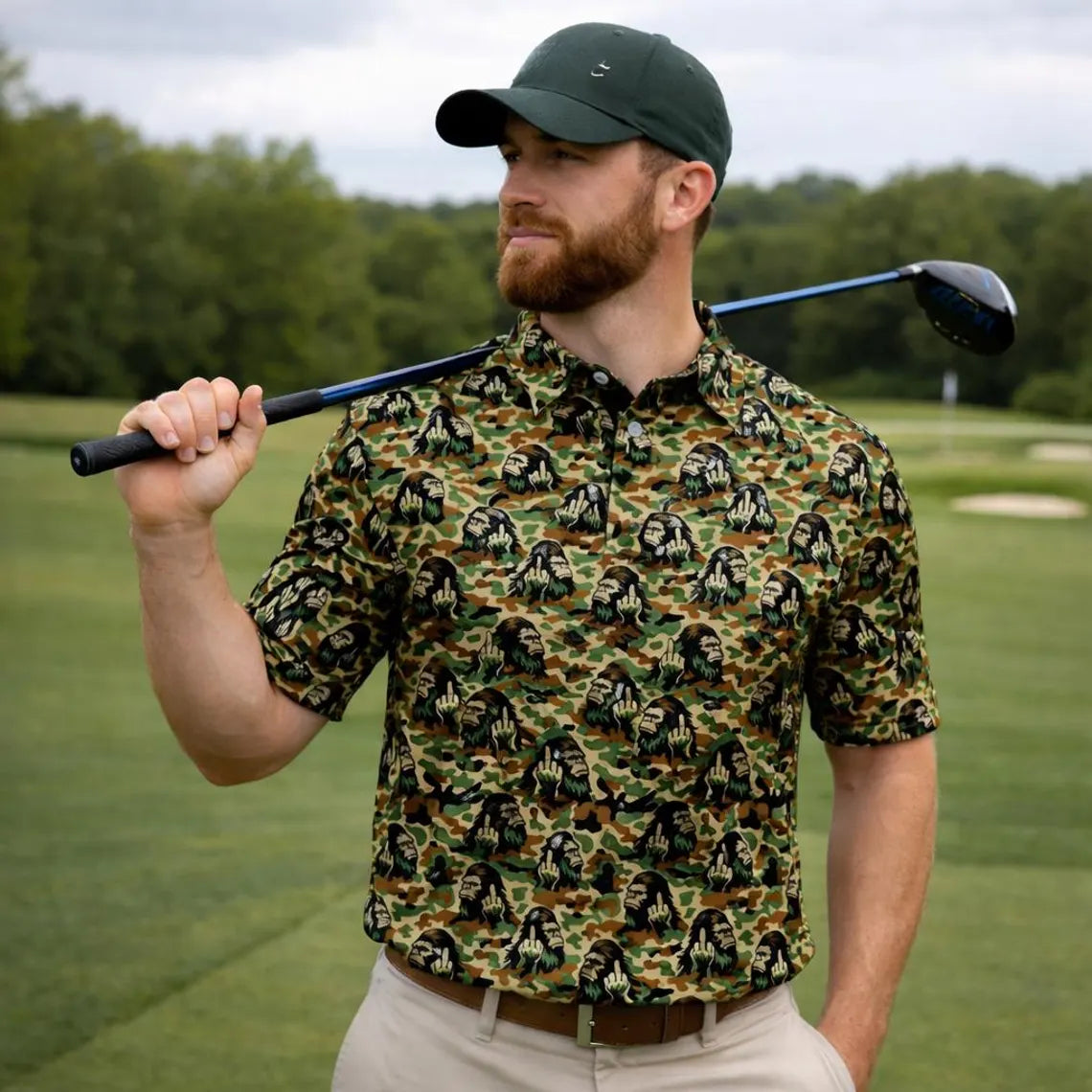Bigfoot Camo Golf Polo Shirt, Funny Sasquatch Middle Finger Polo