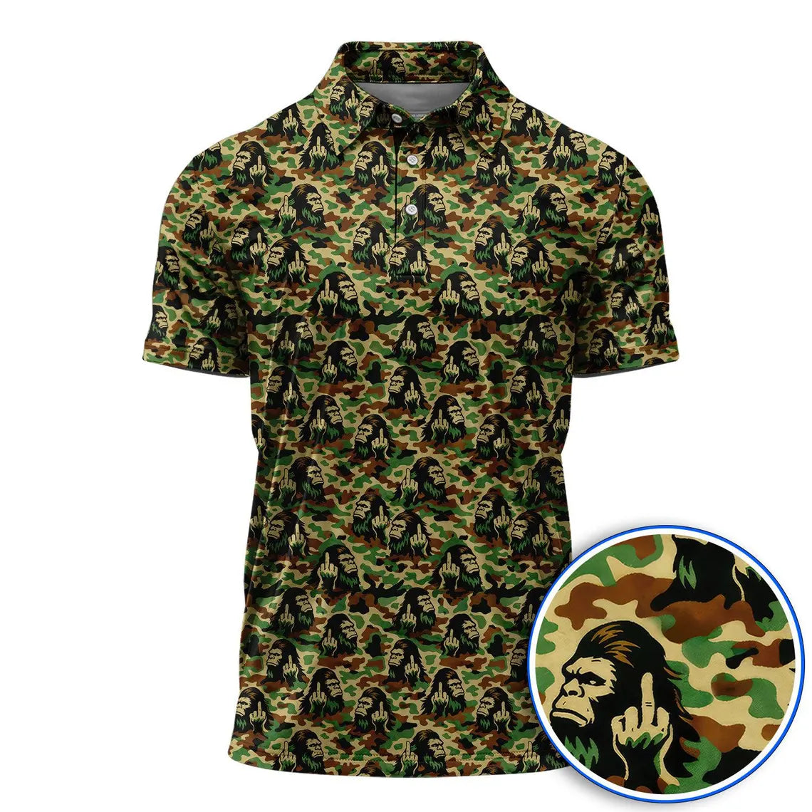 Bigfoot Camo Golf Polo Shirt, Funny Sasquatch Middle Finger Polo