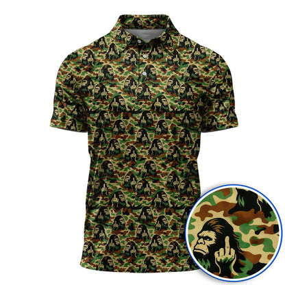 Bigfoot Camo Golf Polo Shirt, Funny Sasquatch Middle Finger Polo