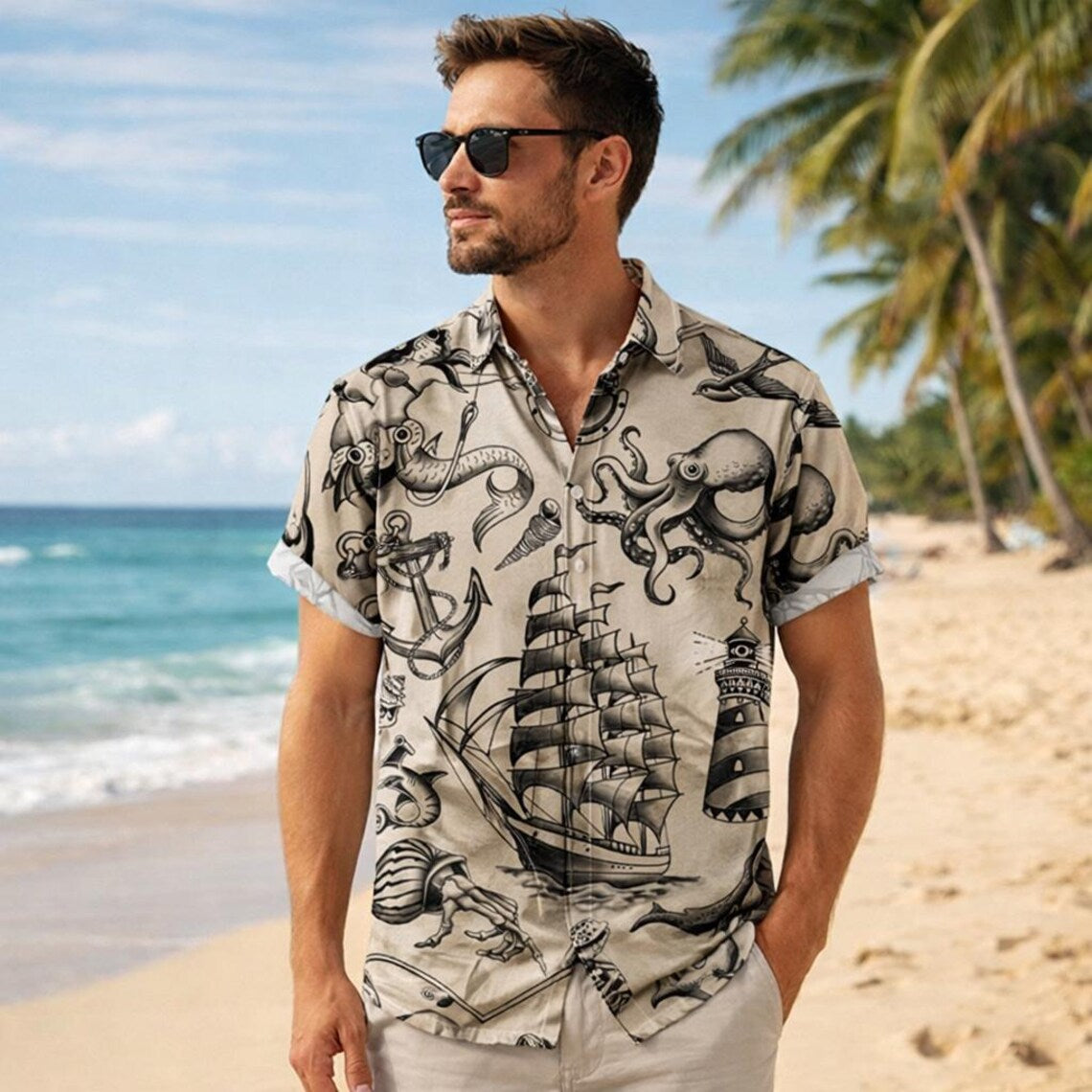 Nautical Hawaii Shirt for Men, Sailing Ship Octopus Anchor Lighthouse Print Shirt
