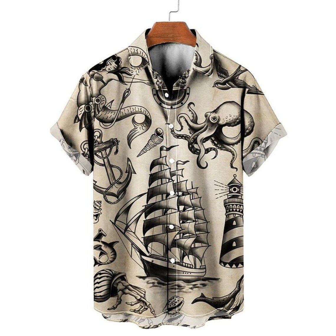 Nautical Hawaii Shirt for Men, Sailing Ship Octopus Anchor Lighthouse Print Shirt