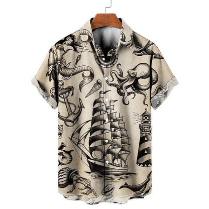 Nautical Hawaii Shirt for Men, Sailing Ship Octopus Anchor Lighthouse Print Shirt