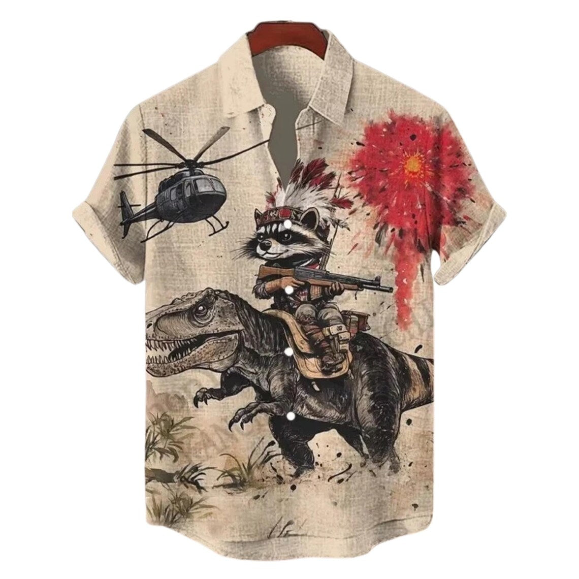Funny Raccoon Riding T-Rex Hawaiian Shirt, Dino Graphic Button Up