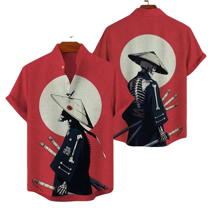 Gothic Samurai Skeleton Hawaiian Shirt, Japanese Ronin Skull Button Up