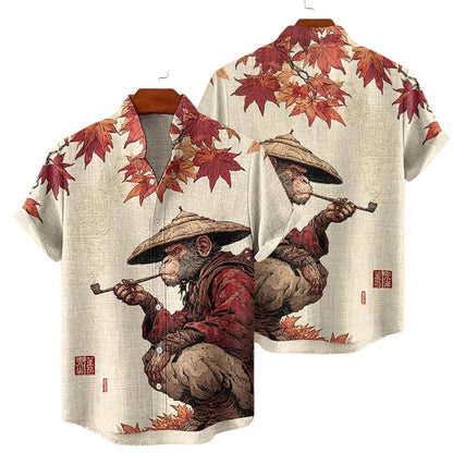 Japanese Art Monkey Hawaiian Shirt, Autumn Maple Leaf Button Up