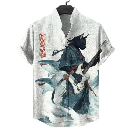 Samurai Wolf Hawaiian Shirt, Shark Guitar Button Up Shirt, Japanese Warrior Animal Shirt