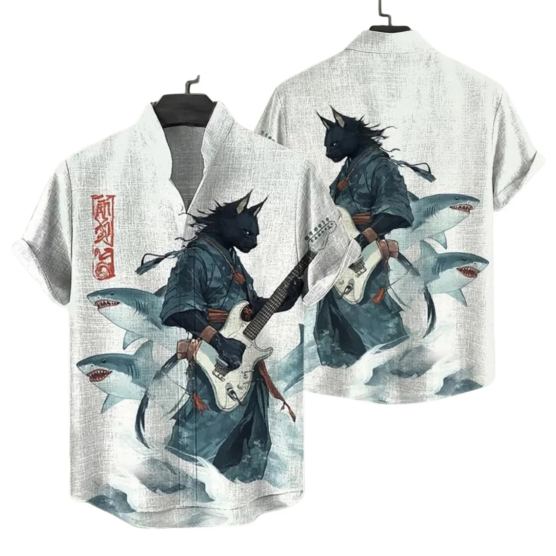 Samurai Wolf Hawaiian Shirt, Shark Guitar Button Up Shirt, Japanese Warrior Animal Shirt