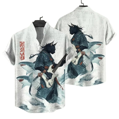 Samurai Wolf Hawaiian Shirt, Shark Guitar Button Up Shirt, Japanese Warrior Animal Shirt