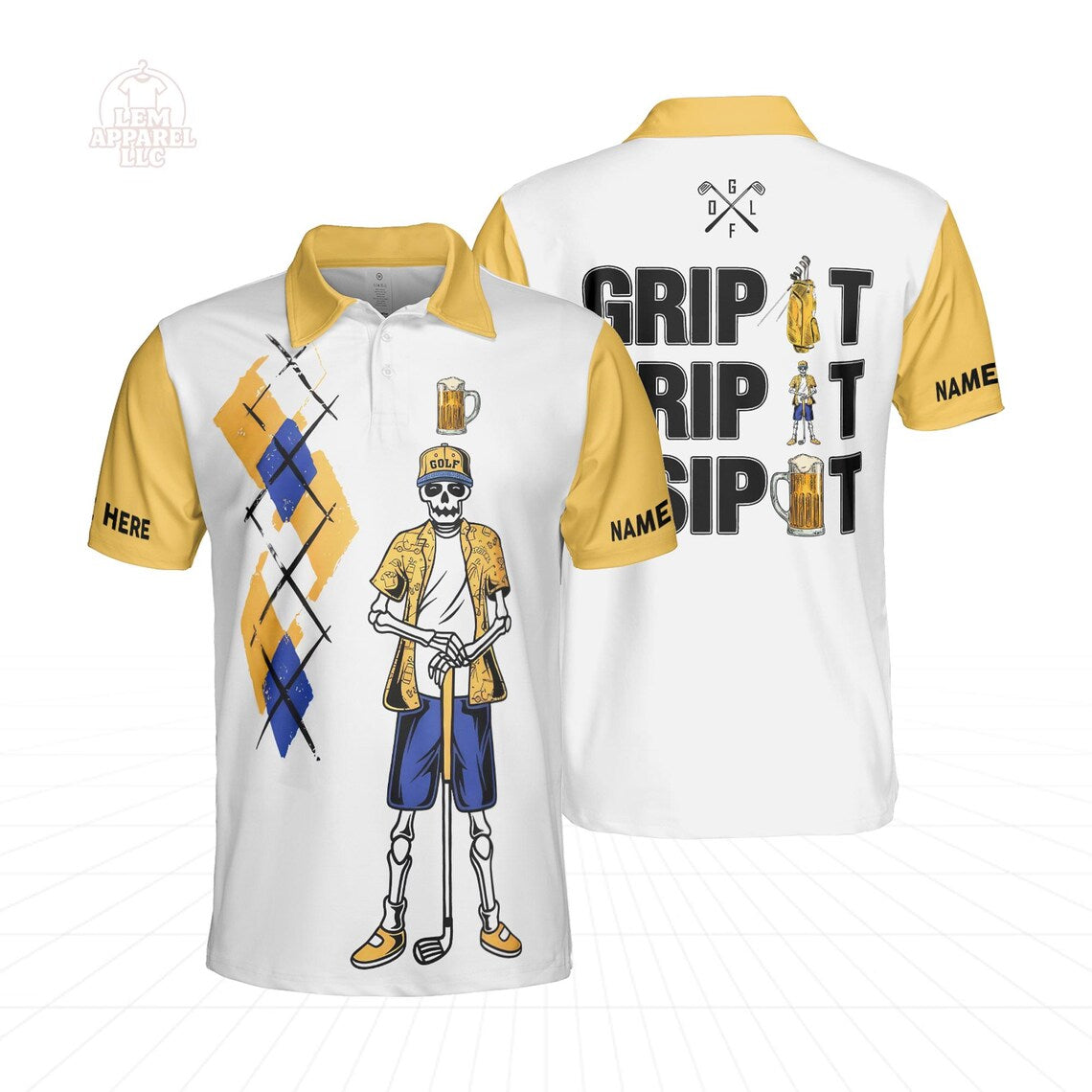 Funny Skeleton Golf Polo Shirt Personalized Name, Grip It Rip It Sip It, Beer Golfer Shirt
