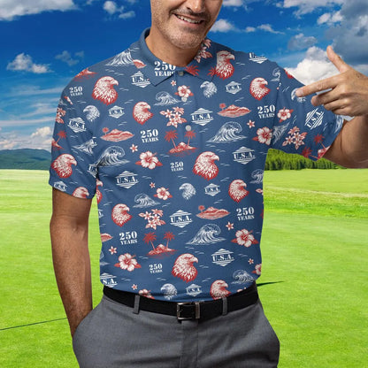 Funny Patriotic USA Polo Shirt for Men, American Flag Golf Shirt, 4th of July Independence Day 250th Anniversary Gift for Him