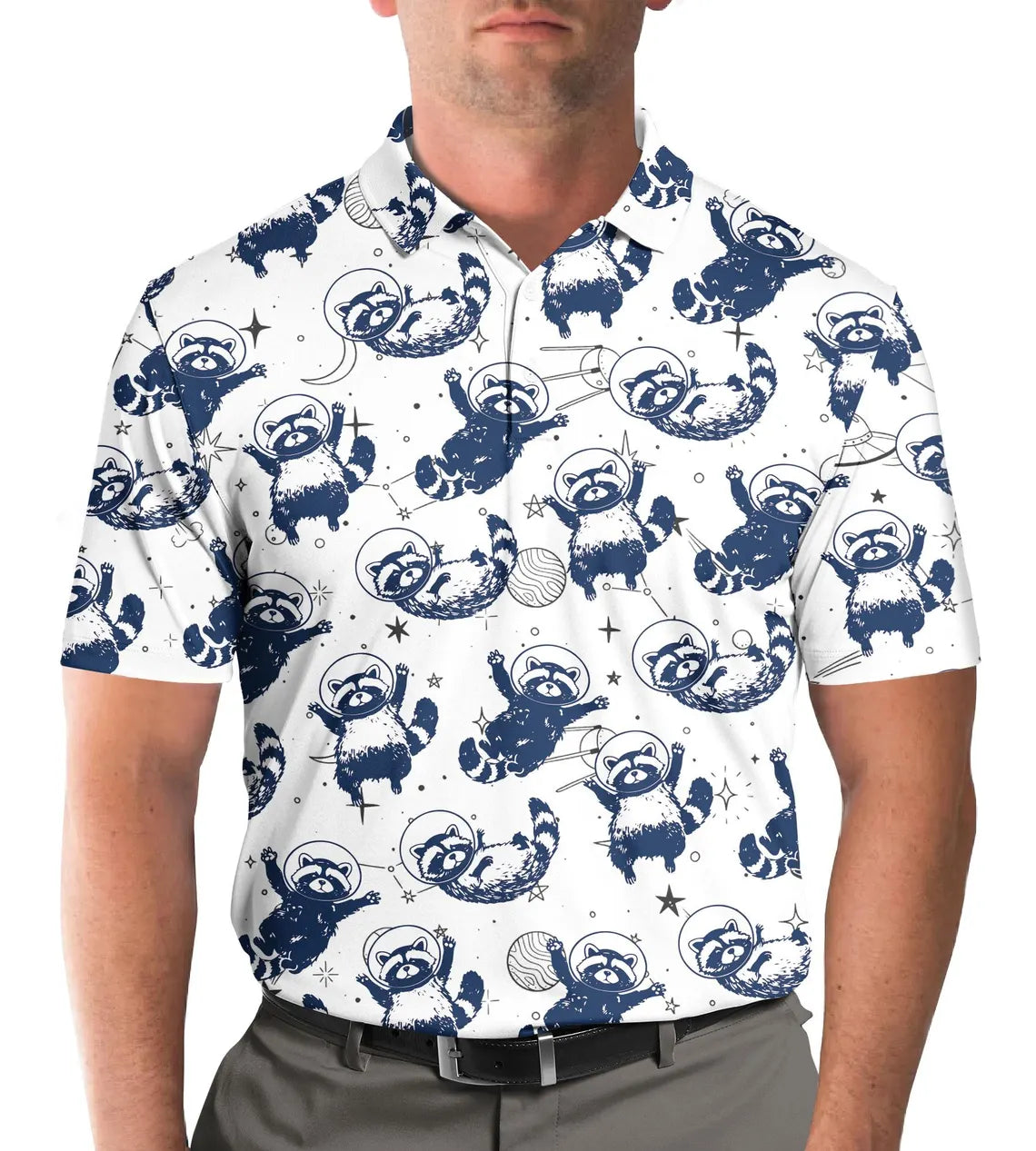 Men's Galaxy Raccoon Hawaiian Golf Polo Shirt, Funny Space Animal Print
