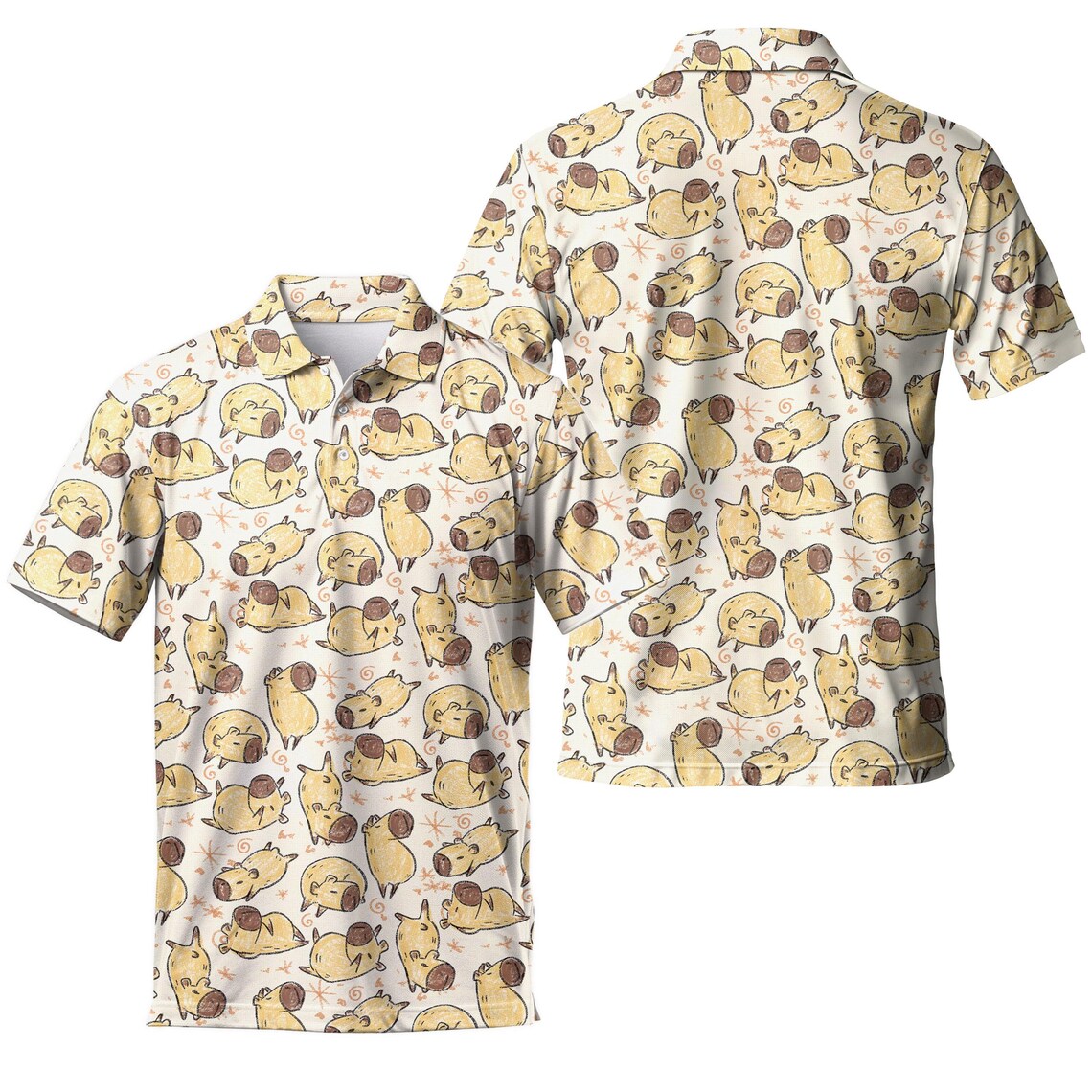 Men's Capybara Print Polo Shirt – Vintage Pattern Short Sleeve Golf Top