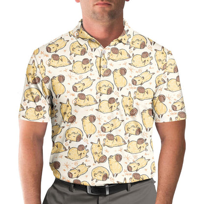 Men's Capybara Print Polo Shirt – Vintage Pattern Short Sleeve Golf Top