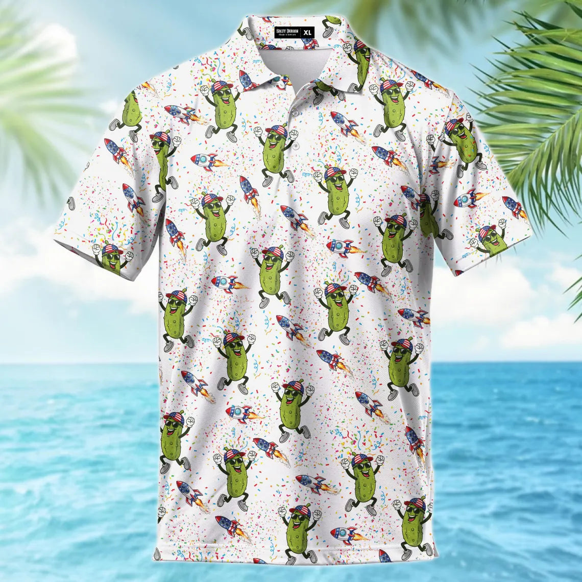Dancing Pickle Hawaiian Polo Shirt, USA Patriotic Golf Shirt, Tropical Men's Apparel