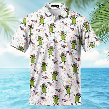 Dancing Pickle Hawaiian Polo Shirt, USA Patriotic Golf Shirt, Tropical Men's Apparel