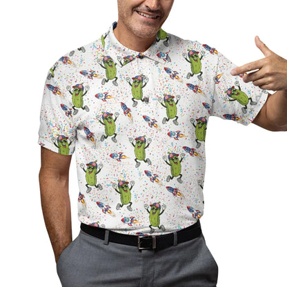 Dancing Pickle Hawaiian Polo Shirt, USA Patriotic Golf Shirt, Tropical Men's Apparel