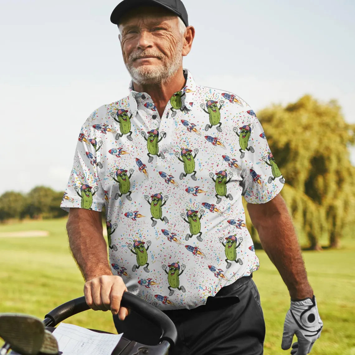 Dancing Pickle Hawaiian Polo Shirt, USA Patriotic Golf Shirt, Tropical Men's Apparel