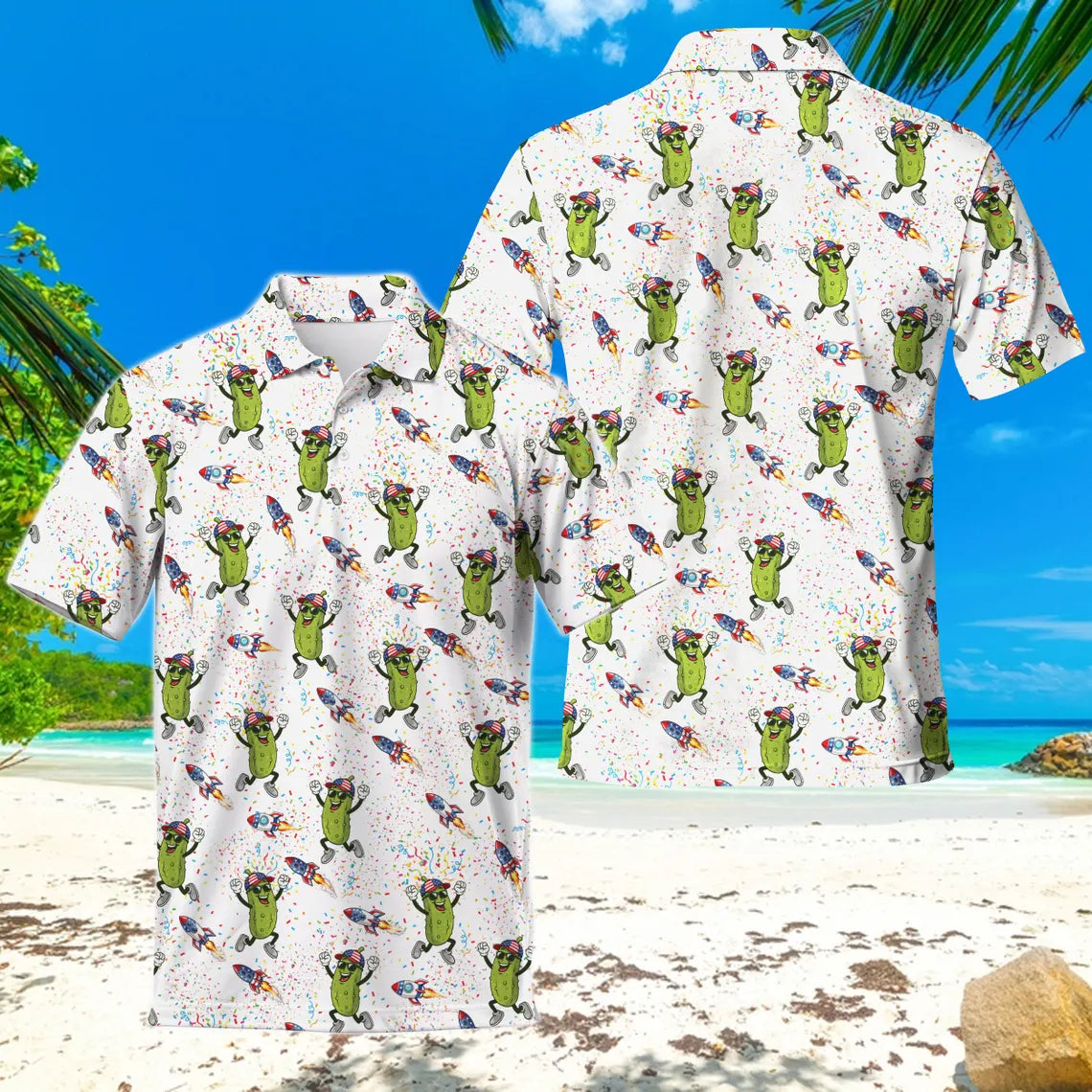 Dancing Pickle Hawaiian Polo Shirt, USA Patriotic Golf Shirt, Tropical Men's Apparel