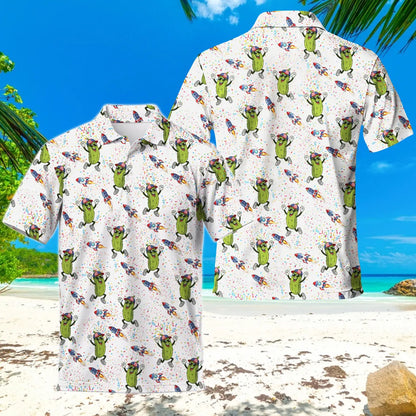 Dancing Pickle Hawaiian Polo Shirt, USA Patriotic Golf Shirt, Tropical Men's Apparel
