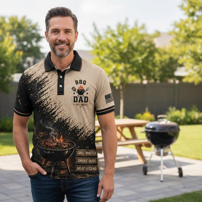 Personalized BBQ Dad Polo Shirt, Custom Name Grill Dad Gift for Dad