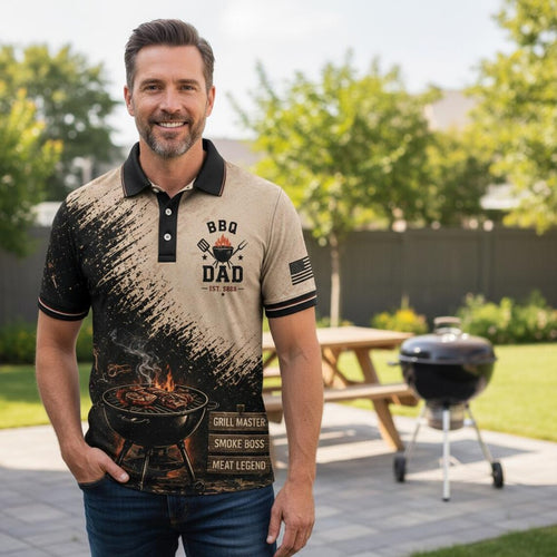 Personalized BBQ Dad Polo Shirt, Custom Name Grill Dad Gift for Dad