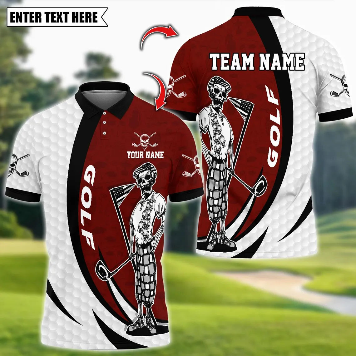 Golf Skeleton Golfer Player Multicolor Customized Name, Team Name 3D Polo Shirt
