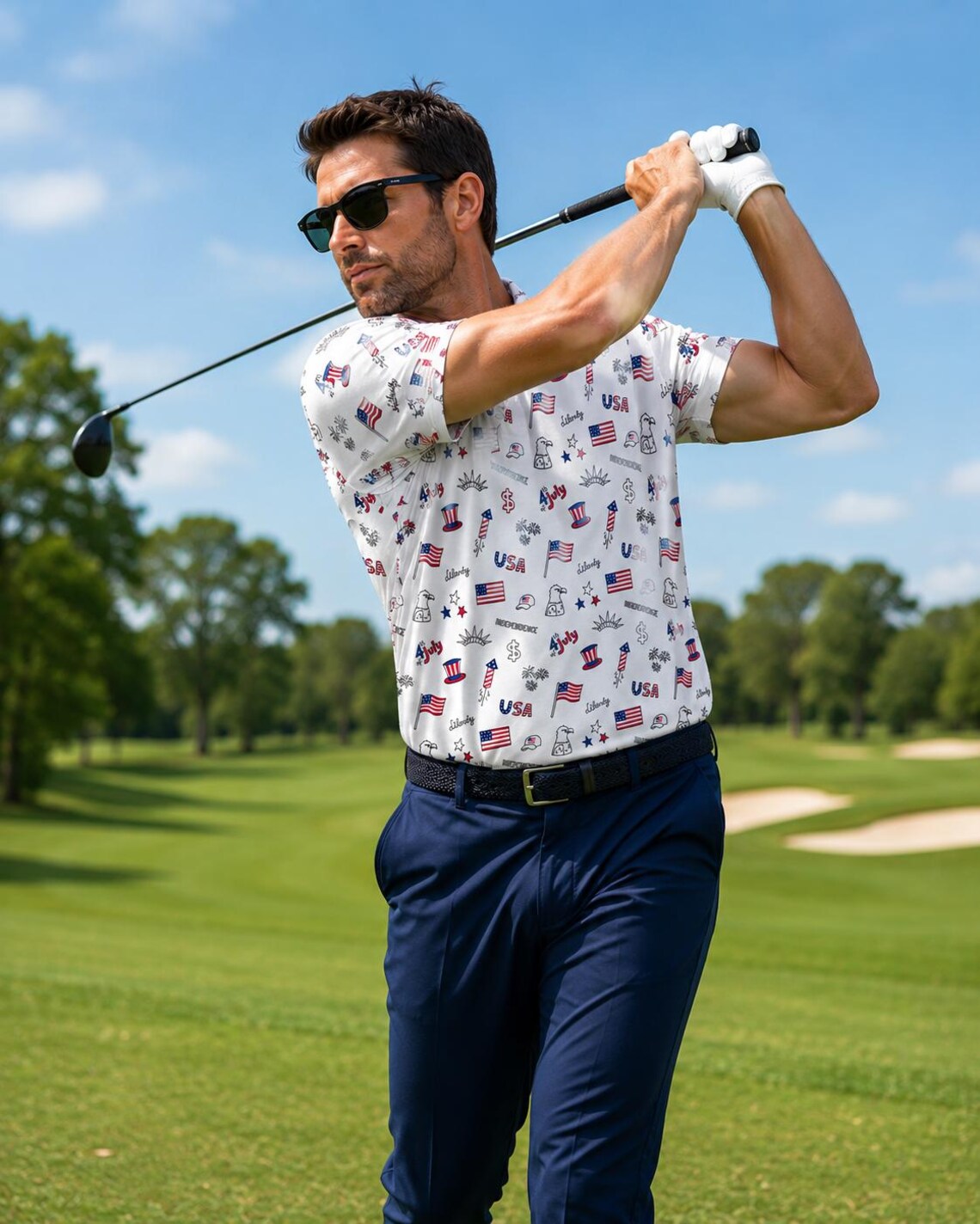 4th of July Golf Polo Shirt, Patriotic USA Polo for Men, American Flag Independence Day Shirt