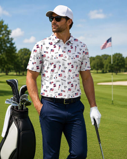 4th of July Golf Polo Shirt, Patriotic USA Polo for Men, American Flag Independence Day Shirt
