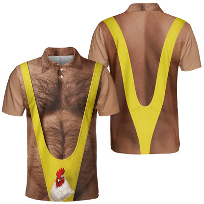 Hairy Chest Chicken Polo Shirt for Men, Funny Farmer Gag Outfit Shirt