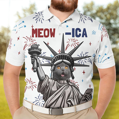 Patriotic Meowica Personalized Photo Polo Shirt, Custom Cat Photo Polo