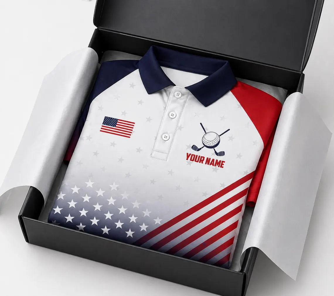 Personalized USA Golf Polo Shirt, American Flag Polo, Patriotic Red White Blue Shirt