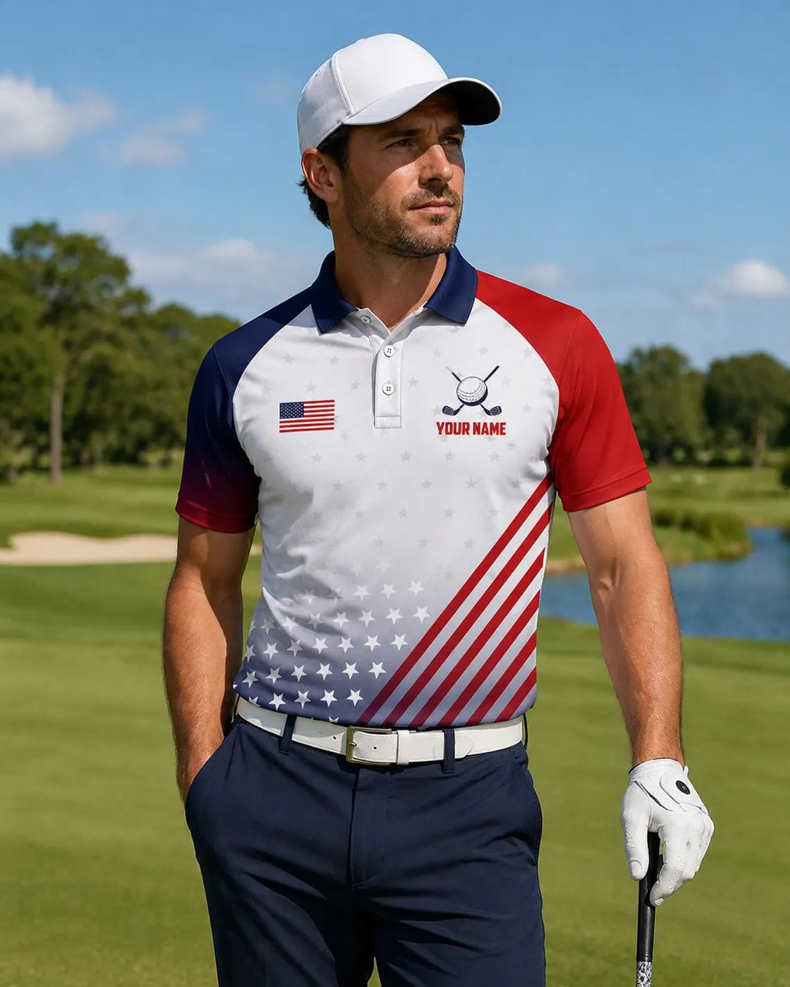 Personalized USA Golf Polo Shirt, American Flag Polo, Patriotic Red White Blue Shirt