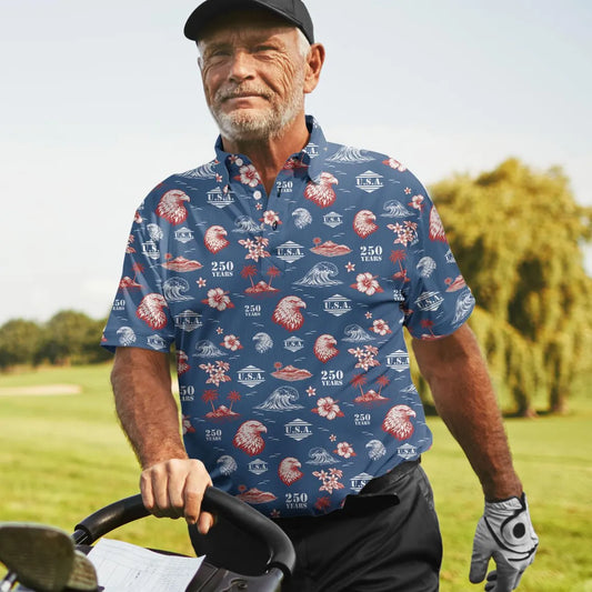 Funny Patriotic USA Polo Shirt for Men, American Flag Golf Shirt, 4th of July Independence Day 250th Anniversary Gift for Him