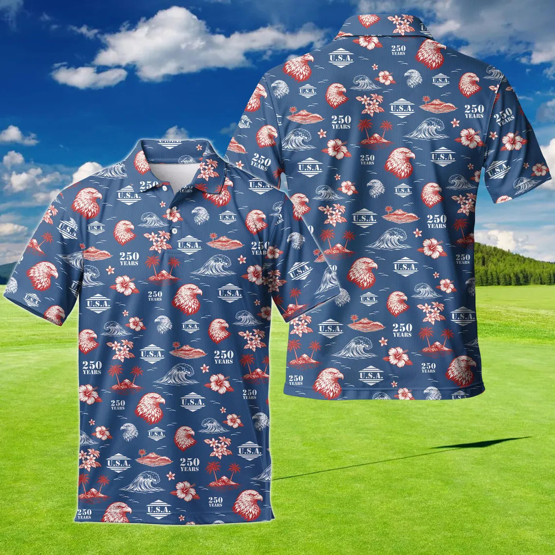 Funny Patriotic USA Polo Shirt for Men, American Flag Golf Shirt, 4th of July Independence Day 250th Anniversary Gift for Him