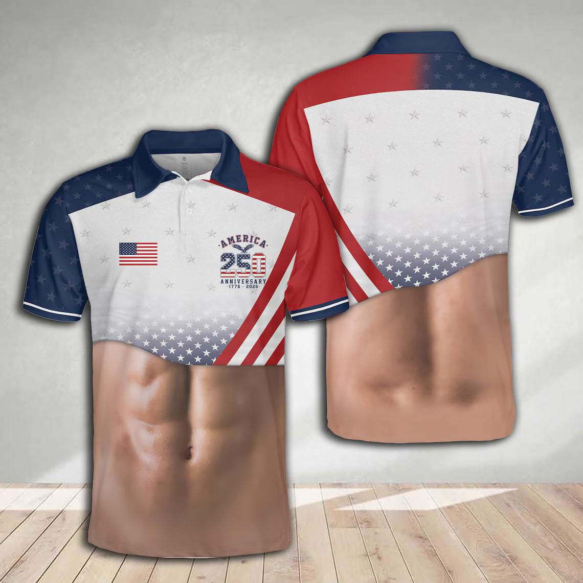 Funny USA 250th Anniversary Polo Shirt 1776-2026, Patriotic Beer Belly Abs Illusion Golf Shirt