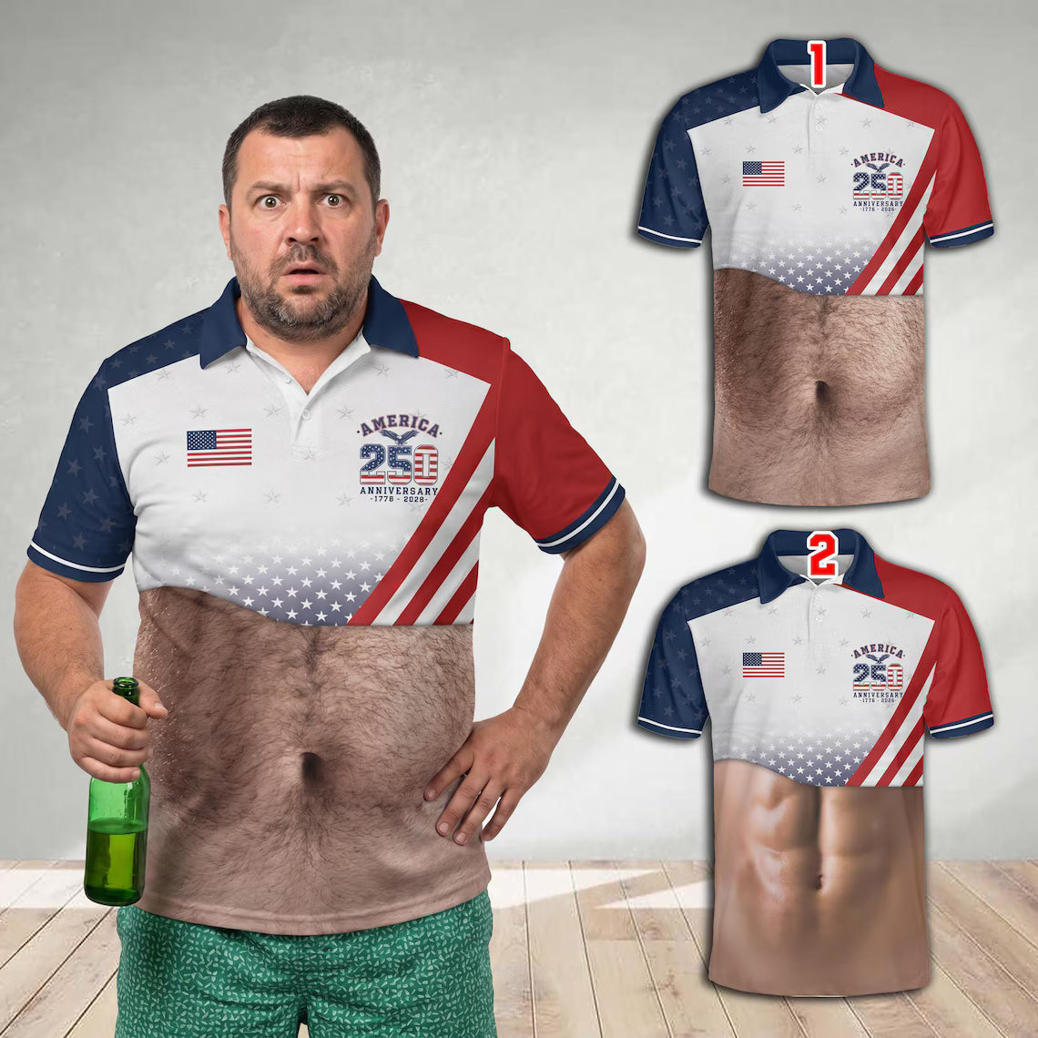 Funny USA 250th Anniversary Polo Shirt 1776-2026, Patriotic Beer Belly Abs Illusion Golf Shirt
