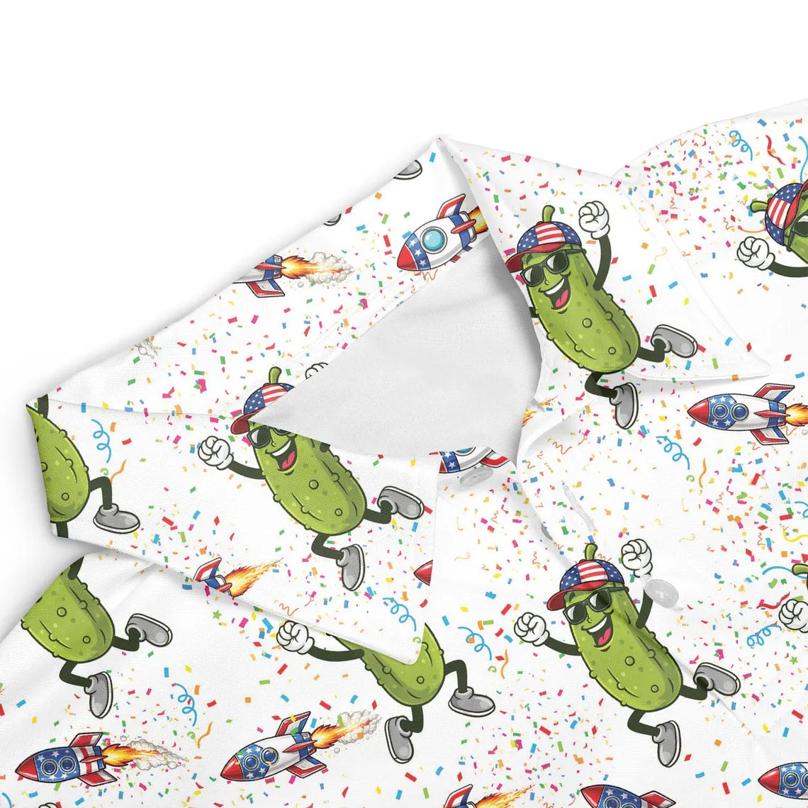 Dancing Pickle Hawaiian Polo Shirt, USA Patriotic Golf Shirt, Tropical Men's Apparel