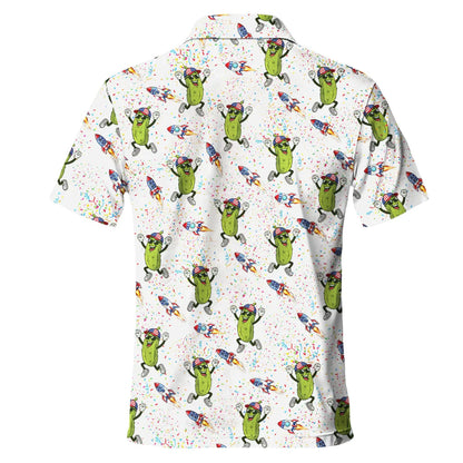 Dancing Pickle Hawaiian Polo Shirt, USA Patriotic Golf Shirt, Tropical Men's Apparel