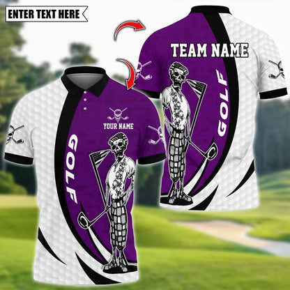 Golf Skeleton Golfer Player Multicolor Customized Name, Team Name 3D Polo Shirt