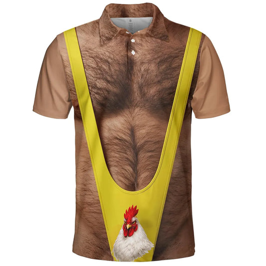 Hairy Chest Chicken Polo Shirt for Men, Funny Farmer Gag Outfit Shirt