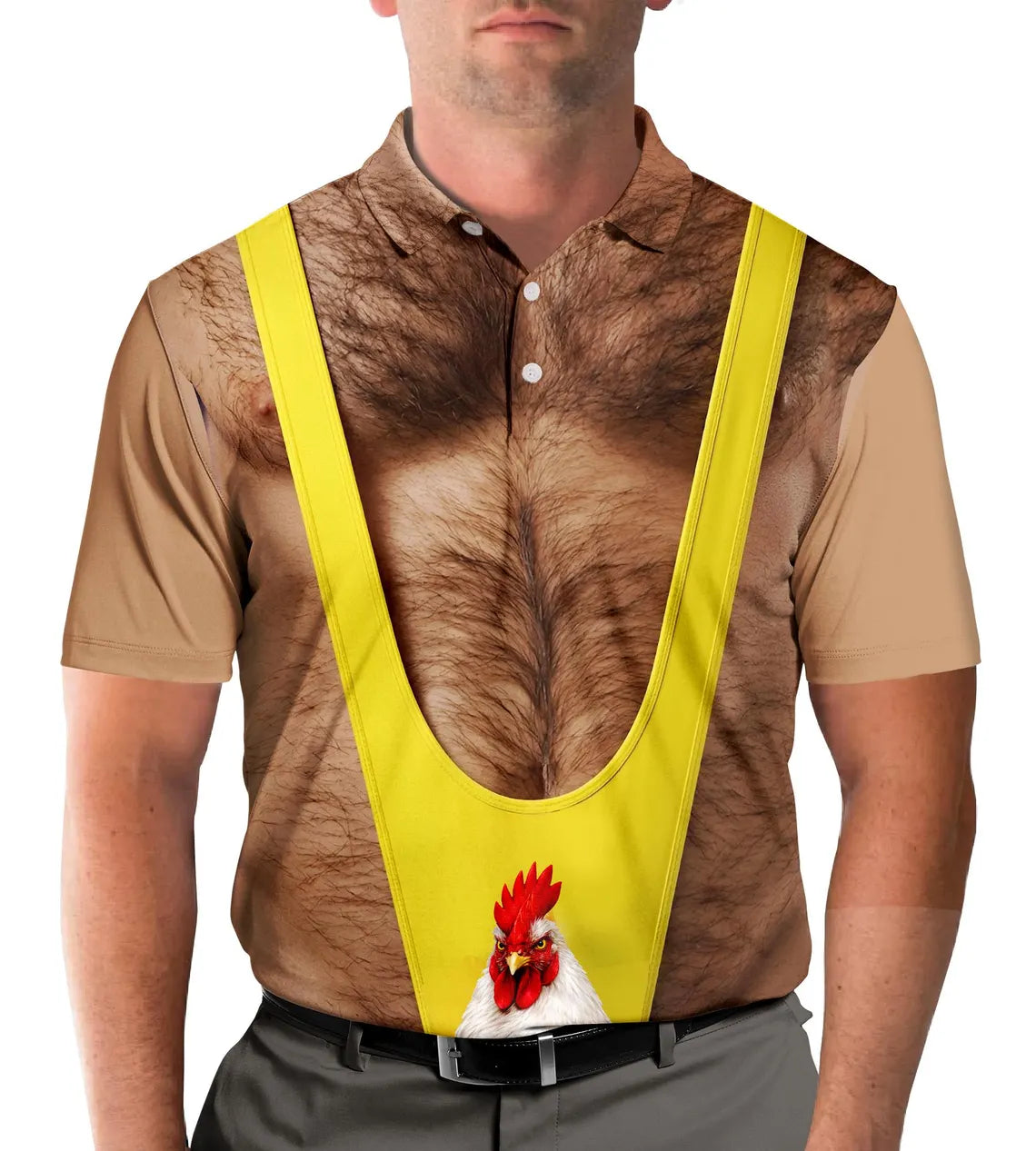 Hairy Chest Chicken Polo Shirt for Men, Funny Farmer Gag Outfit Shirt