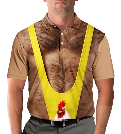 Hairy Chest Chicken Polo Shirt for Men, Funny Farmer Gag Outfit Shirt