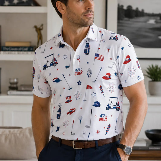 Patriotic Red White Blue Polo Shirt for Men, 4th of July Golf Polo
