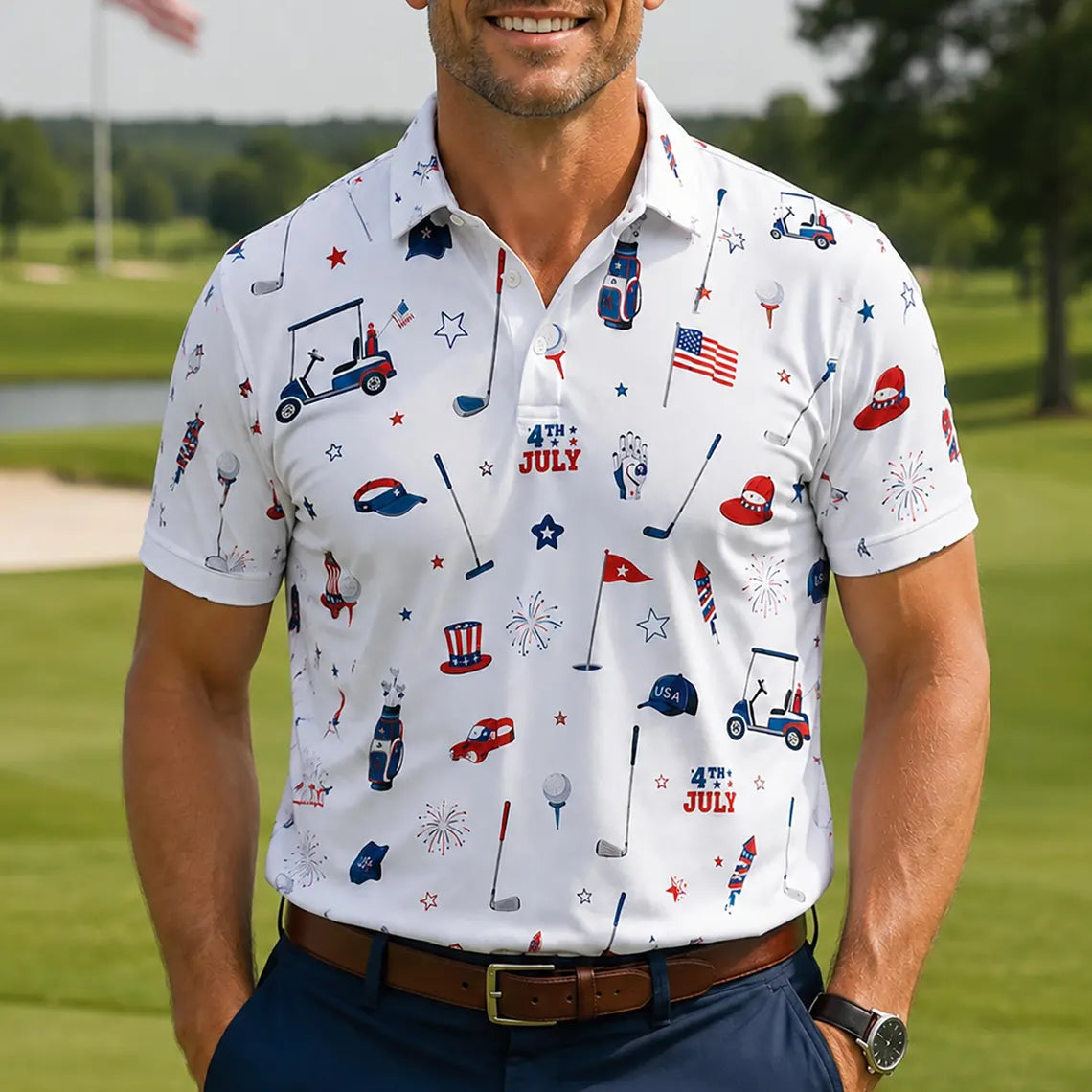 Patriotic Red White Blue Polo Shirt for Men, 4th of July Golf Polo