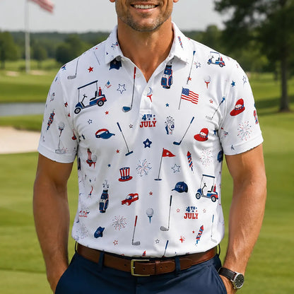 Patriotic Red White Blue Polo Shirt for Men, 4th of July Golf Polo