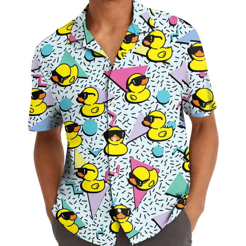 Duck Hawaiian Shirt: Mens Button Down, 80s Print