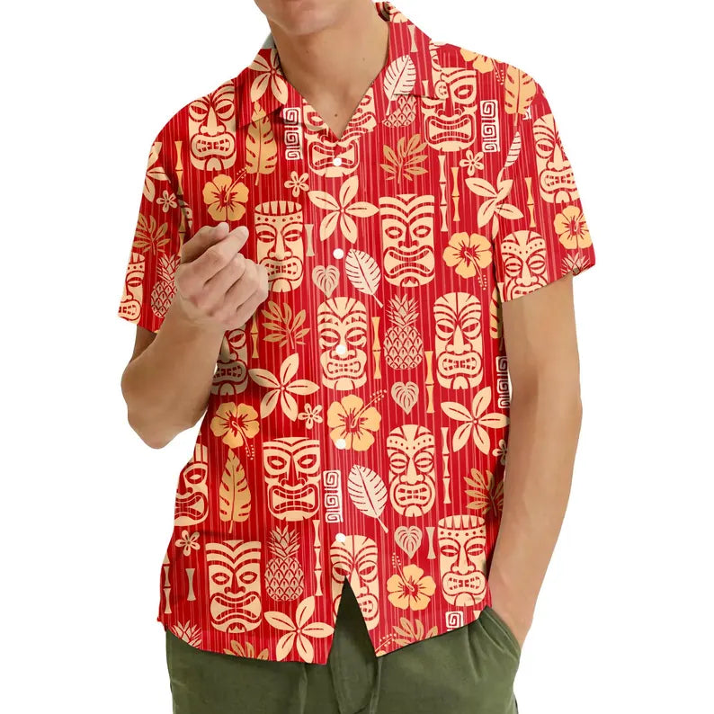 Colorful Tiki Aloha Shirt, Short Sleeve Button-Down Summer Shirt