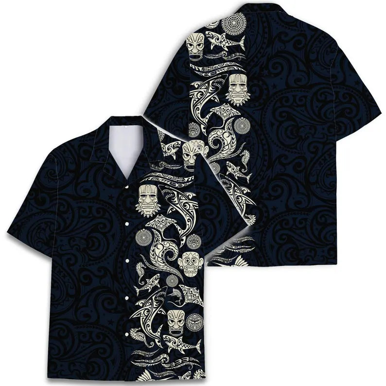 Mens Aloha Shark Tiki Hawaiian Shirt - Floral Boho Button Down