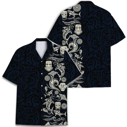 Mens Aloha Shark Tiki Hawaiian Shirt - Floral Boho Button Down