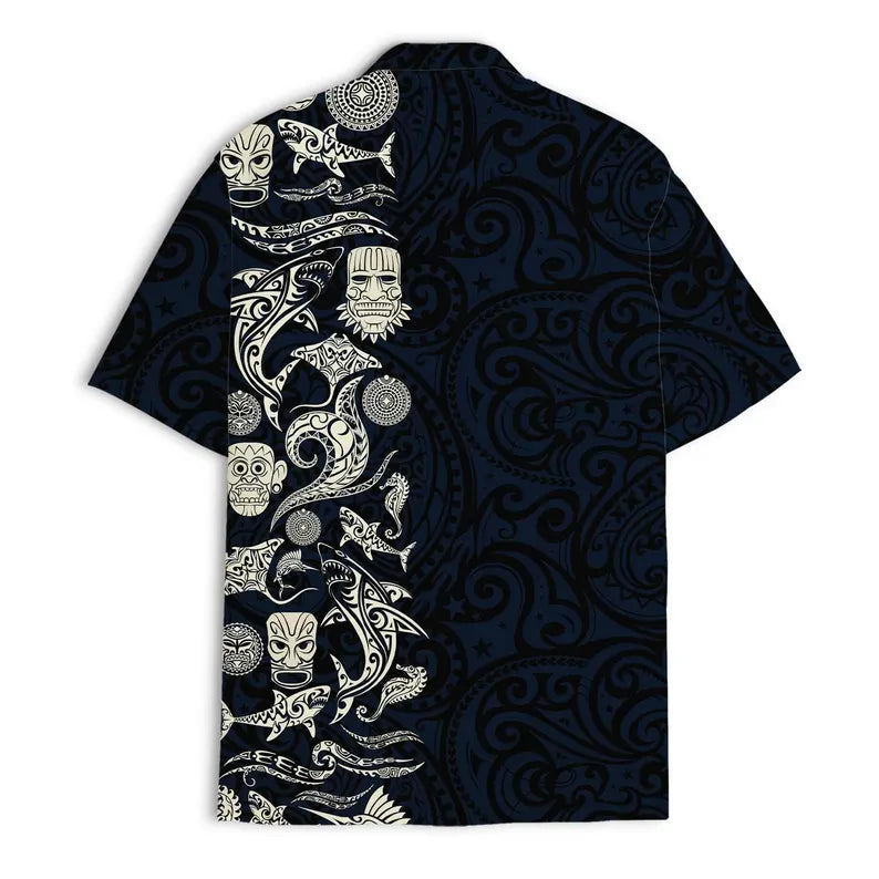 Mens Aloha Shark Tiki Hawaiian Shirt - Floral Boho Button Down